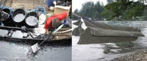 N-Fiber oil filter fabric placed on water to absorb oil spill at a port