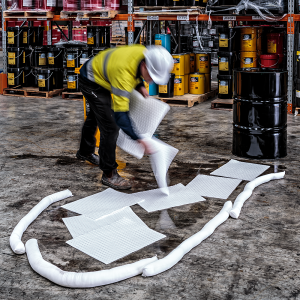 N-FIBER P45 pads cleaning oil spills on a factory floor