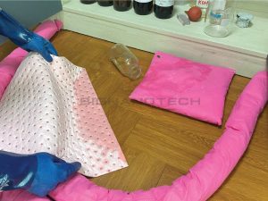 Combine chemical absorbent booms and chemical absorbent pads to handle chemical spills quickly and flexibly